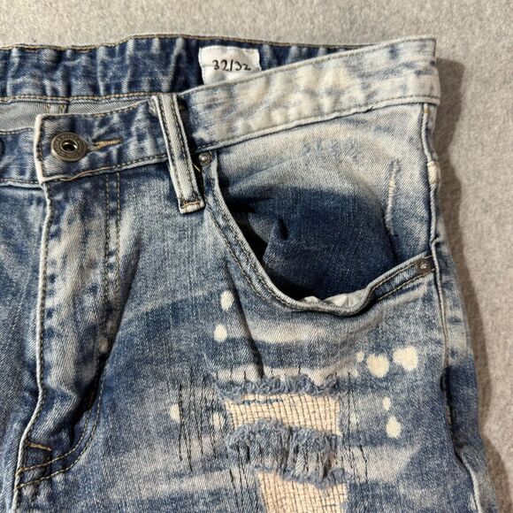 Smoke Rise Jeans Mens 32x32 Tie Die Ripped Slim Fit Distressed Washed Blue Logo - Picture 3 of 16